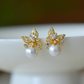 A Pair of Exquisite Sterling Silver-Gold Plated Inlaid White Jade Earrings, Inlaid Pearl