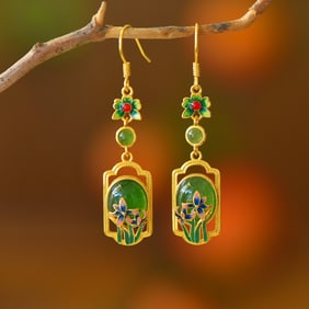 A Pair of Exquisite Sterling Silver-Gold Plated Inlaid Jasper Earrings