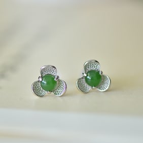 A Pair of Exquisite Sterling Silver Inlaid Greenish Jade Earrings