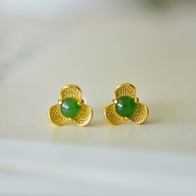 A Pair of Exquisite Sterling Silver-Gold Plated Inlaid Greenish Jade Earrings