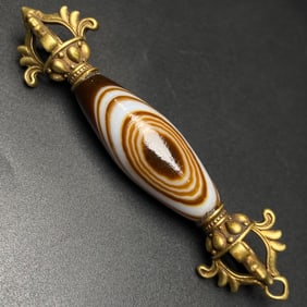 An Exquisite Inlaid Bronze Dzi Bead Vajry Pestle Pendant
