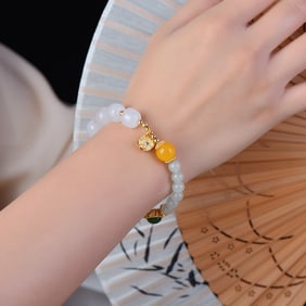 An Exquisite Sterling Silver-Gold Plated White Jade Bracelets,Inlaid Jasper