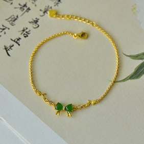An Exquisite Sterling Silver-Gold Plated Inlaid Greenish Jade Bracelet