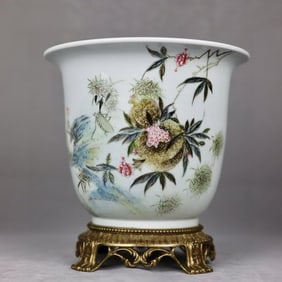 An Exquisite Light Crimson Color Inlaid Bronze Pomegranate Pattern Flowerpot,with Poem