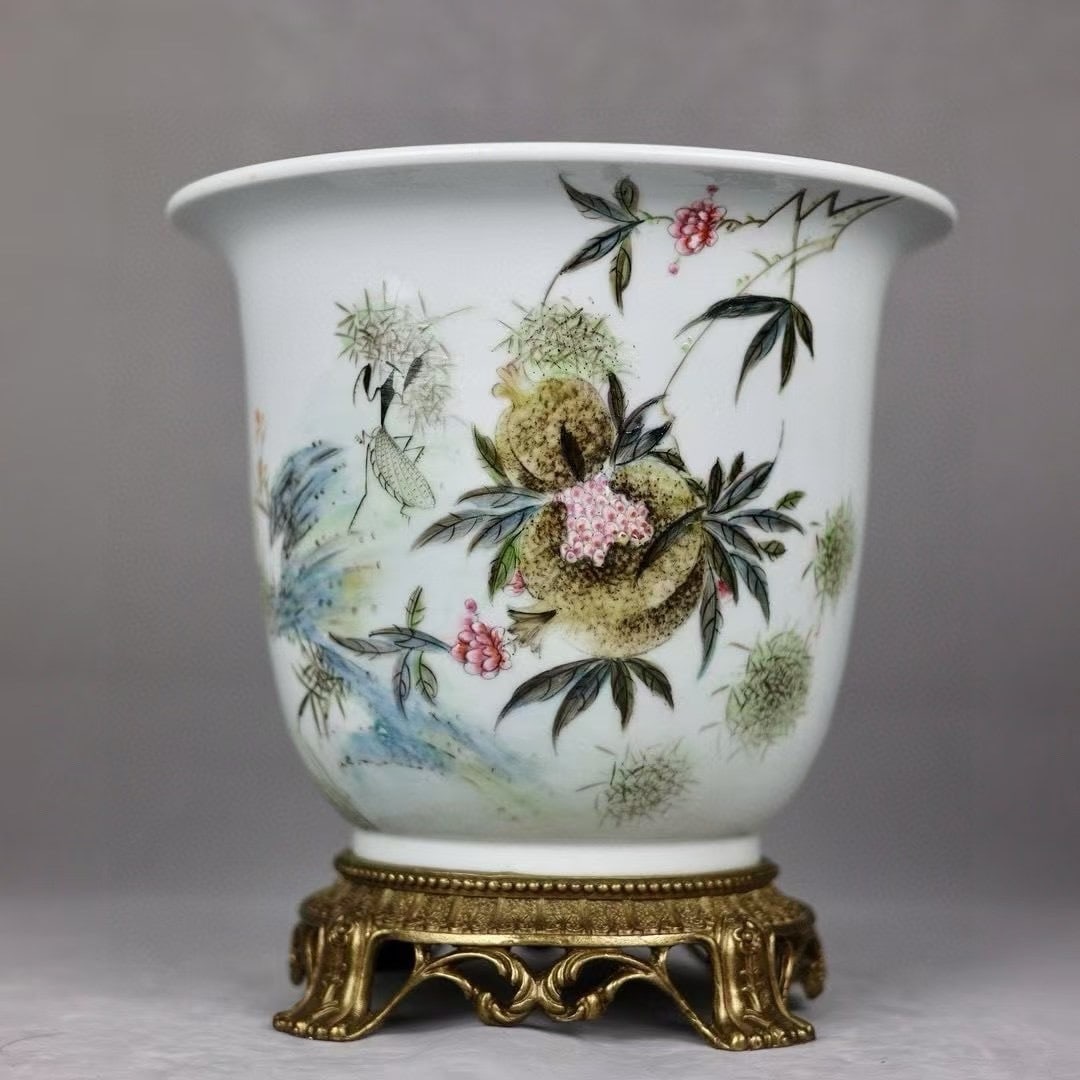 An Exquisite Light Crimson Color Inlaid Bronze Pomegranate Pattern Flowerpot,with Poem (1 of 8)