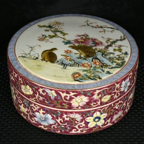 An Exquisite Red Ground Enamel Painted Gold Flower and Bird Pattern Box