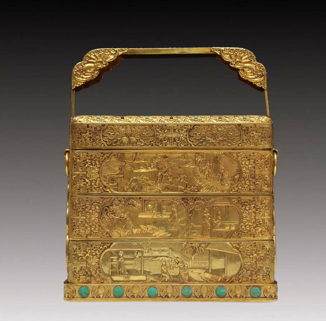 A Magnificent Gilt-Bronze Turquoise-Inlaid 'Scrolling Lotus, Bat, Figure, Landscape' Box: A Magnificent Gilt-Bronze Turquoise-Inlaid 'Scrolling Lotus, Bat, Figure, Landscape' Box. Cast with robed figures, ancient Chinese pavilions and archaistic motifs. Chinese Qing Dynasty. Qianlong
