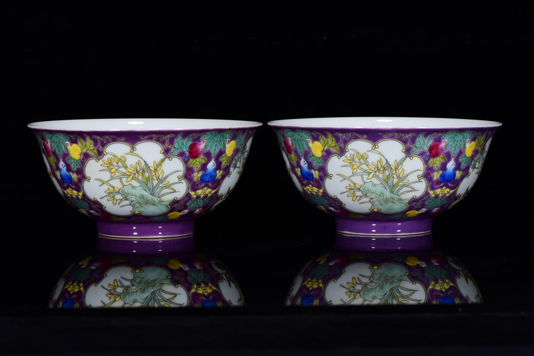 A Pair of Exquisite Famille-Rose Plum Blossom,Orchid,Bamboo and Chrysanthemum Pattern Bowls: A Pair of Exquisite Famille-Rose Plum Blossom,Orchid,Bamboo and Chrysanthemum Pattern Bowls,Qing Dynasty,China,Yongzheng Four-Character Mark,Size:2.8inx5.9in 