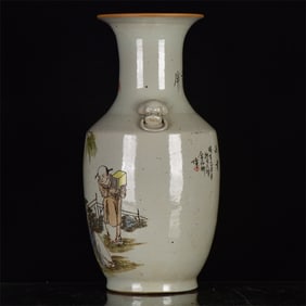 A Huge Famille-Rose Figure and Story Pattern Lion-Ears Vase,with Poem