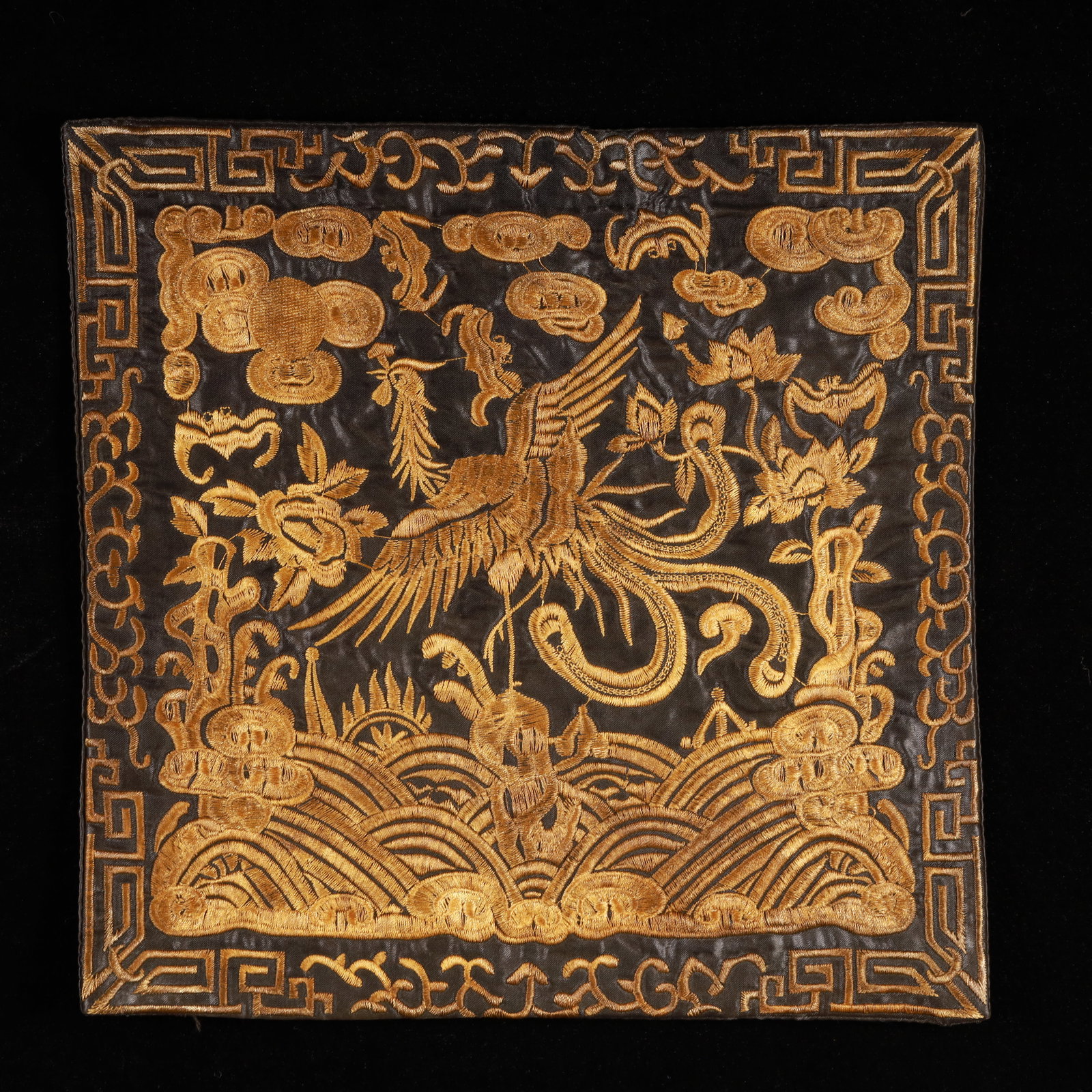 An Exquisite Embroidery Phoenix Pattern Civil Official Rank Badges: An Exquisite Embroidery Phoenix Pattern Civil Official Rank Badges,Qing Dynasty, China,Size:10.2inx10.2in 刺绣凤官补,中国清代