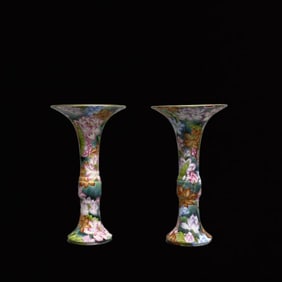 A Pair of Exquisite Enamel Lotus Pattern Gu-Shaped Vases