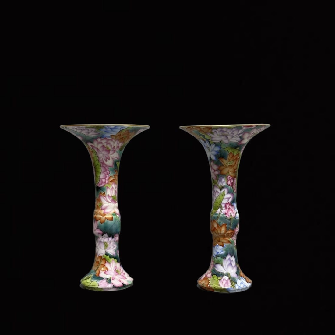 A Pair of Exquisite Enamel Lotus Pattern Gu-Shaped Vases: A Pair of Exquisite Enamel Lotus Pattern Gu-Shaped Vases ,Qing Dynasty,China,Qianlong Six-Character Mark,Size:5.9inx3.1in 