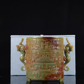 An Exquisite White Jade Beast-Face Pattern Dragon-Ears and Tripod Censer