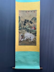 A Chinese Vertical Scroll Ink Painting of Figure and Story on Silk