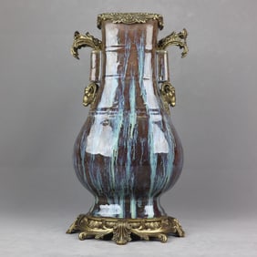 A Huge Flambe Glazed Inlaid Bronze Sheep-Ears Vase