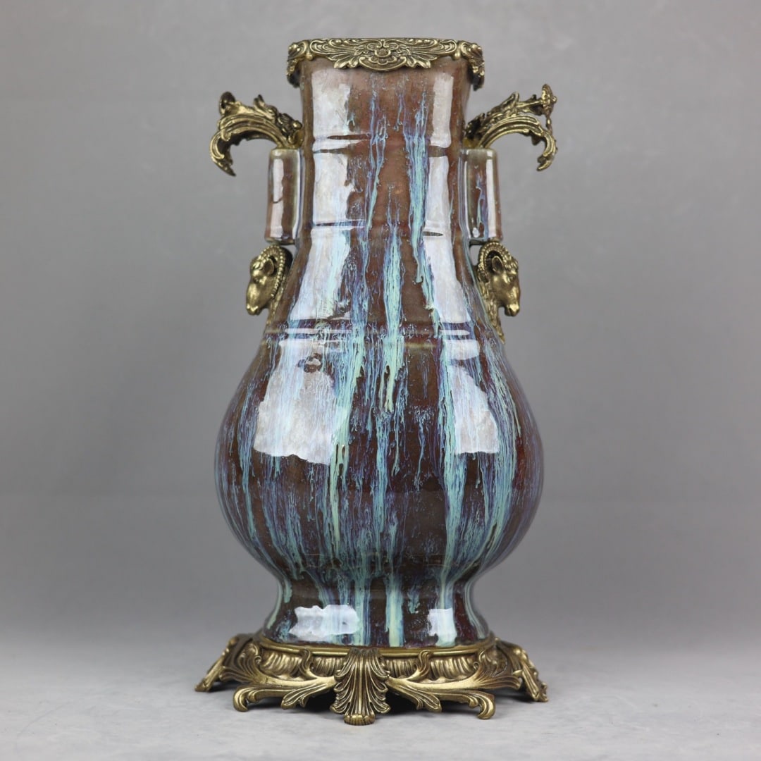 A Huge Flambe Glazed Inlaid Bronze Sheep-Ears Vase: A Huge Flambe Glazed Inlaid Bronze Sheep-Ears Vase,Qing Dynasty,China,Yongzheng Six-Character Mark,Size:17.7inx9.8in 