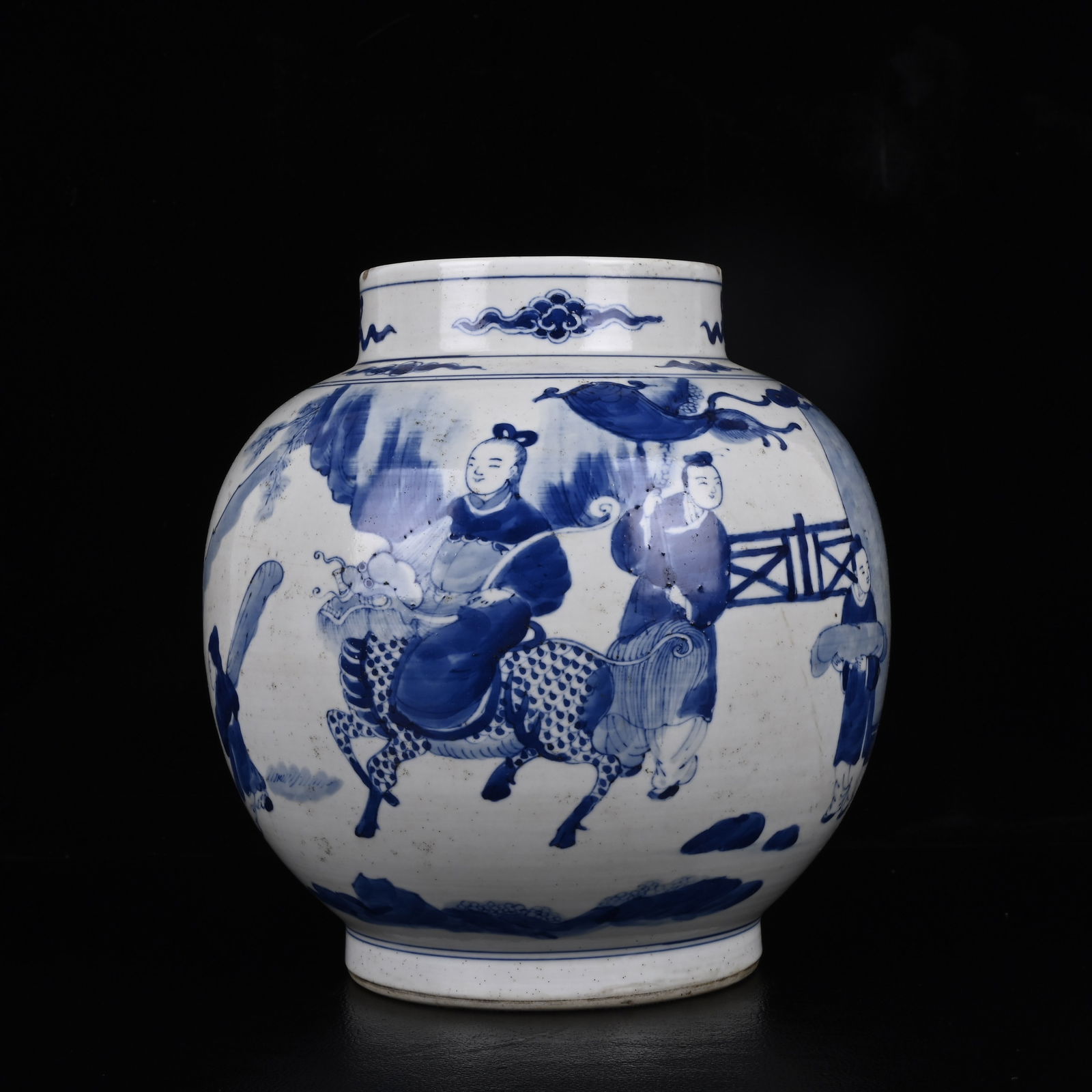 An Exquisite Blue and White Figure and Story Pattern Jar: An Exquisite Blue and White Figure and Story Pattern Jar,Qing Dynasty,China,Size:8.3inx7.5in 青花人物故事纹罐,中国清代