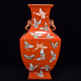 A Rare Red Glazed Famille-Rose Butterfly Pattern Elephant-Ears Vase