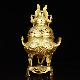 An Exquisite Gilt Bronze Dragon and Phoenix Pattern Double-Ears and Tripod Censer,Inlaid Gems
