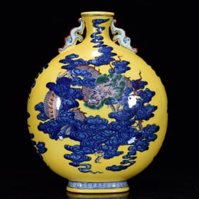 A Rare Yellow Glazed Blue and White Auspicious Cloud and Dragon Pattern Double-Ears Vase