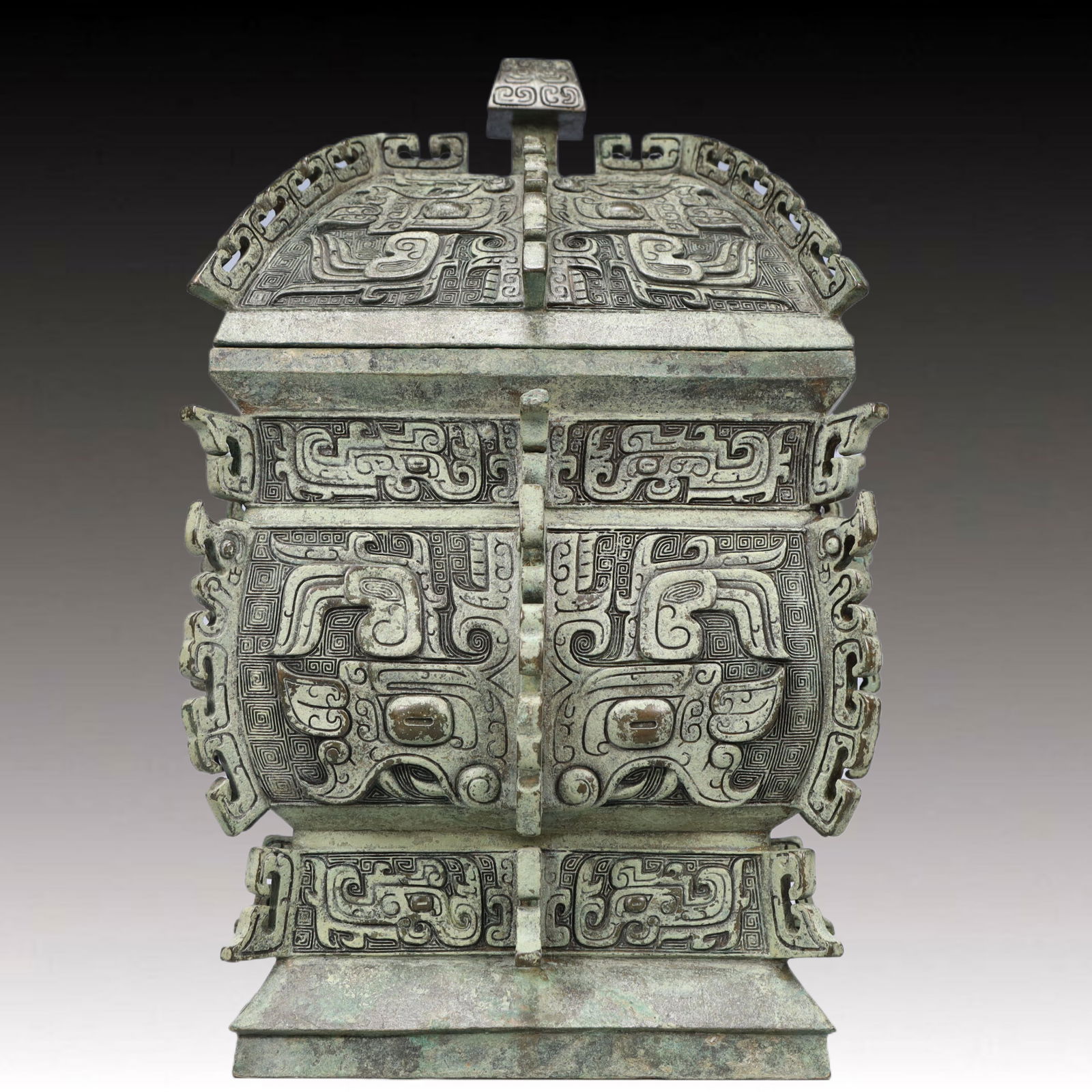 A Rare Bronze Beast-Face Pattern Jar with Cover,With Inscription (1 of 10)