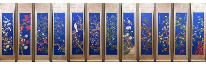 A Set of Chinese Vertical Scroll Ink Painting of Flower and Bird on Paper