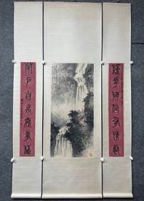 A Set of Chinese Vertical Scroll Ink Painting of Landscape on Paper