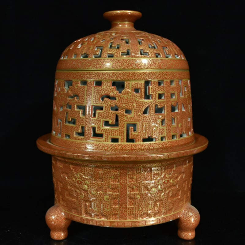 A Rare Iron-Red Painted Gold Chi-Dragon Pattern Censer: A Rare Iron-Red Painted Gold Chi-Dragon Pattern Censer,Qing Dynasty,China,Qianlong Four-Character Mark,Size:13.4inx9.8in 
