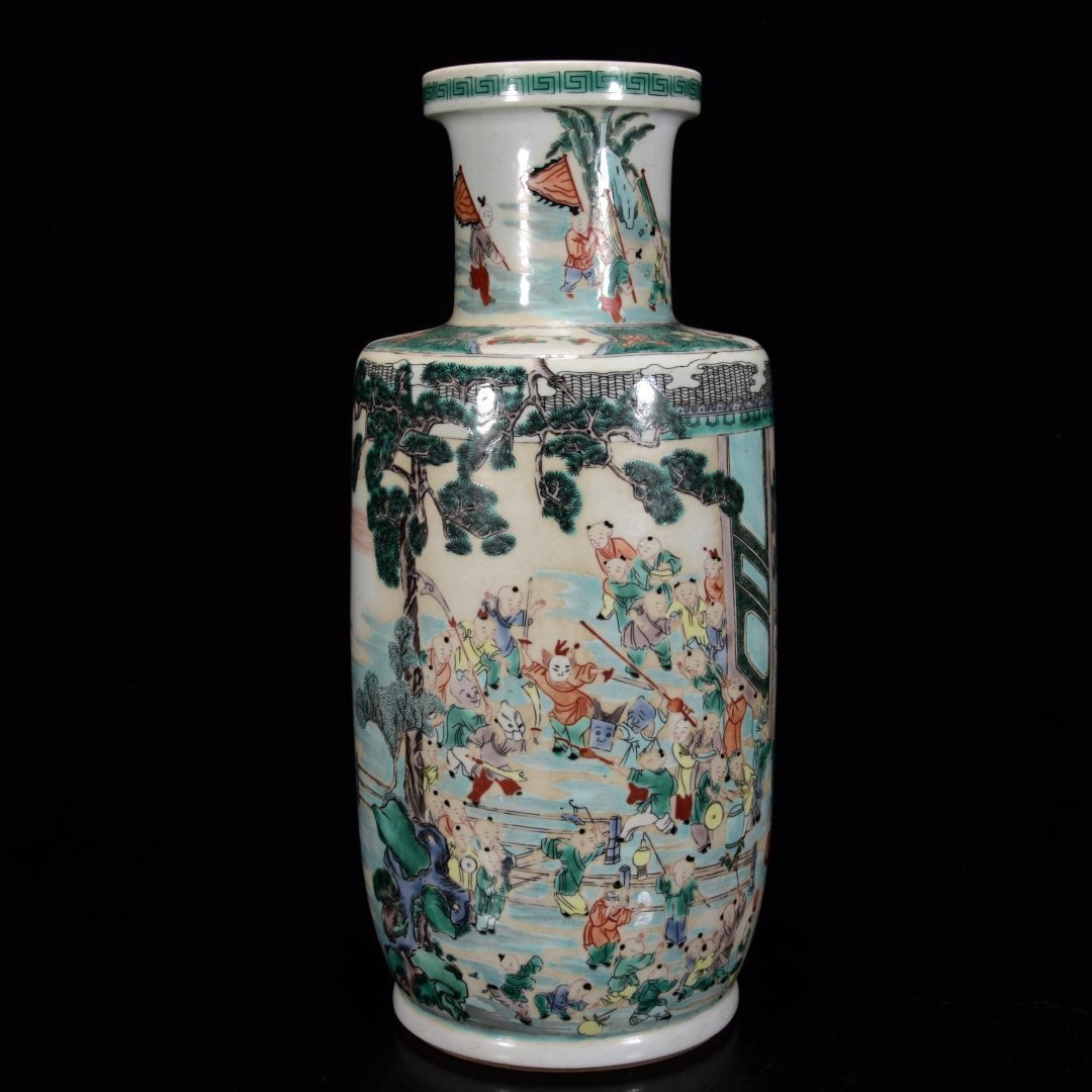 A Huge Wucai Figure and Story Pattern Vase: A Huge Wucai Figure and Story Pattern Vase,Qing Dynasty,China,Kangxi Six-Character Mark,Size:18.5inx7.9in 五彩人物故事纹瓶,中国清É