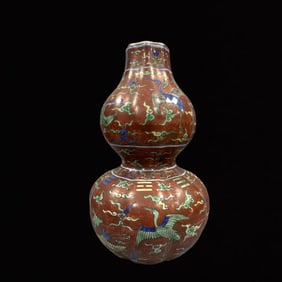An Exquisite Blue and White Red Ground Auspicious Cloud and Crane Pattern Gourd-Shaped Vase