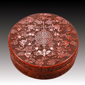 An Exquisite Carved Red Lacquer Auspicious Cloud and Bats Pattern Box,With Poem
