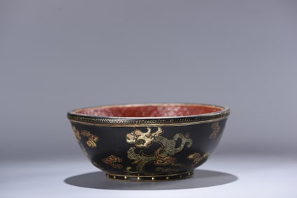 An Exquisite Carved Lacquer Painted Gold Dragon Pattern Bowl
