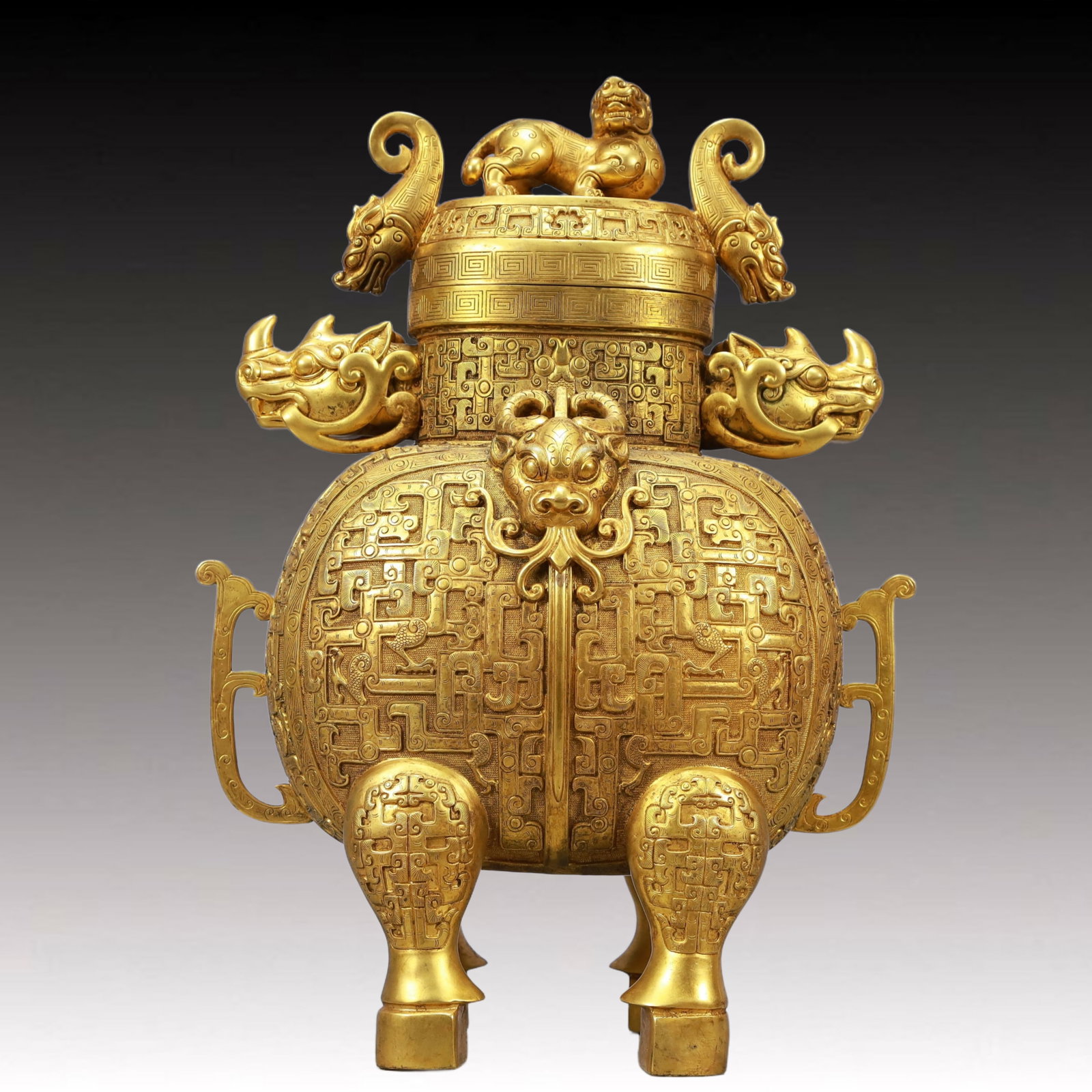 A Solemn Gilt Bronze Dragon Pattern Beast-Ears Vase (1 of 11)
