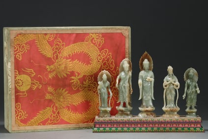 A Set of Fine Greenish Jade Buddha Statue