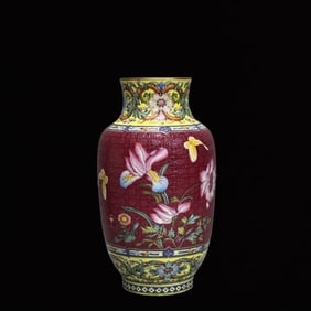 An Exquisite Ruby Red Glazed Flower and Butterfly Pattern Vase