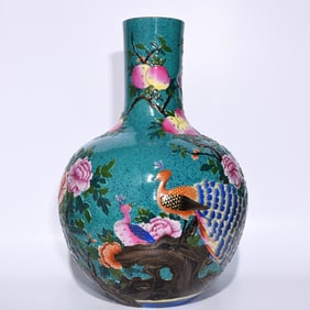 A Huge Robin's-Egg-Glazed Famille-Rose Flower and Peacock Pattern Vase