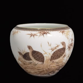 An Exquisite Ink Color Bird and Bamboo Pattern Brush Washer,with Poem