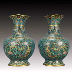 A Pair of Huge Cloisonne Lotus and Phoenix Pattern Vases