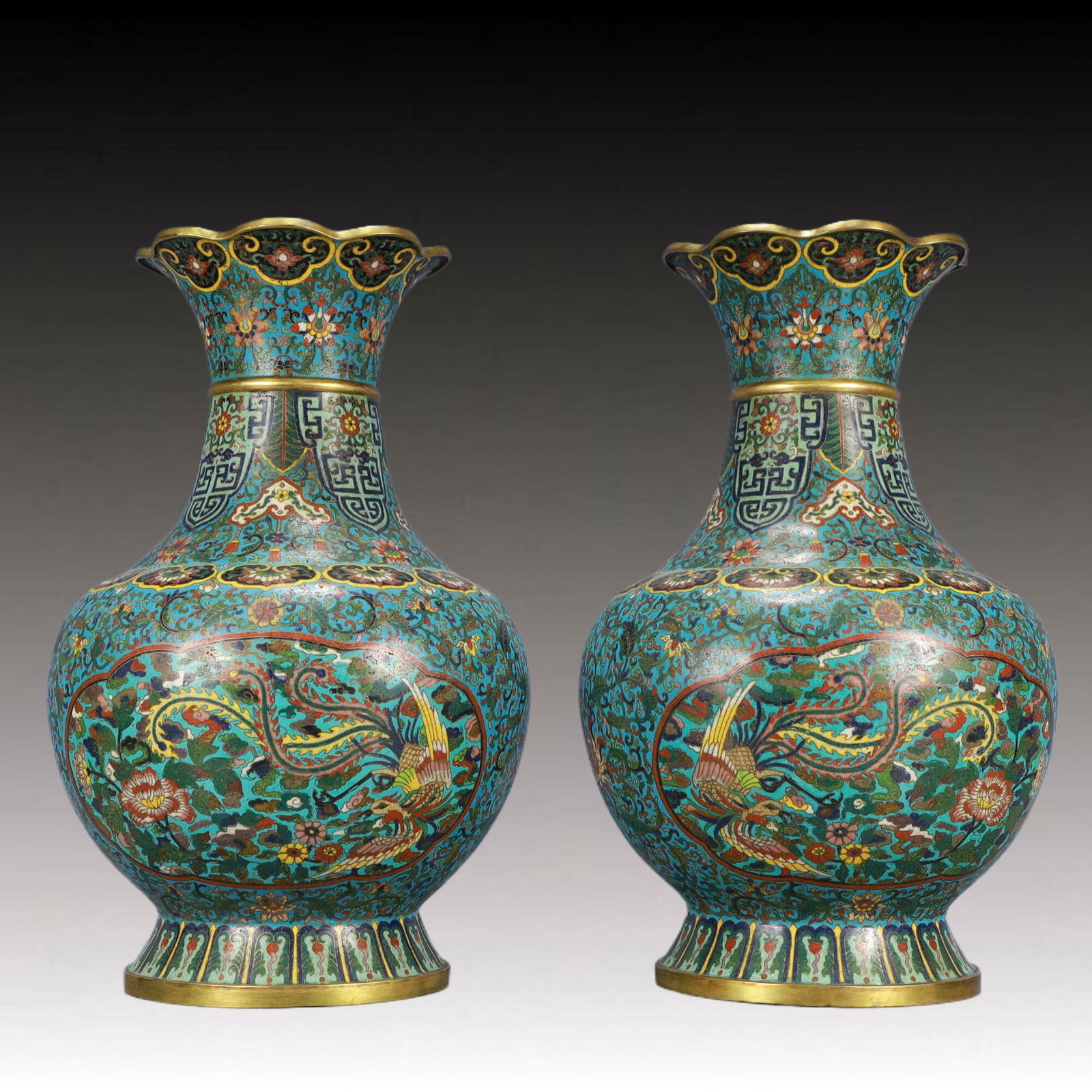 A Pair of Huge Cloisonne Lotus and Phoenix Pattern Vases: A Pair of Huge Cloisonne Lotus and Phoenix Pattern Vases,Qing Dynasty,China,Qianlong Four-character Mark,Size:16.1inx9.3in,Total Weight:6900g 一对景泰蓝缠枝&#