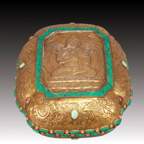 A Rare Gilt Bronze Buddha Statue Pattern Cover Box,Inlaid Turquoise