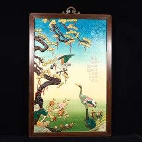 A Huge ZitanwoodInlaid Cloisonne Pine and Crane Pattern Hanging Panel,Inlaid Gems,With Poem