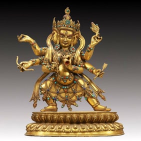 A Solemn Gilt Bronze Statue of Three-Headed and Six-Armed Vajra,Inlaid Turquoise