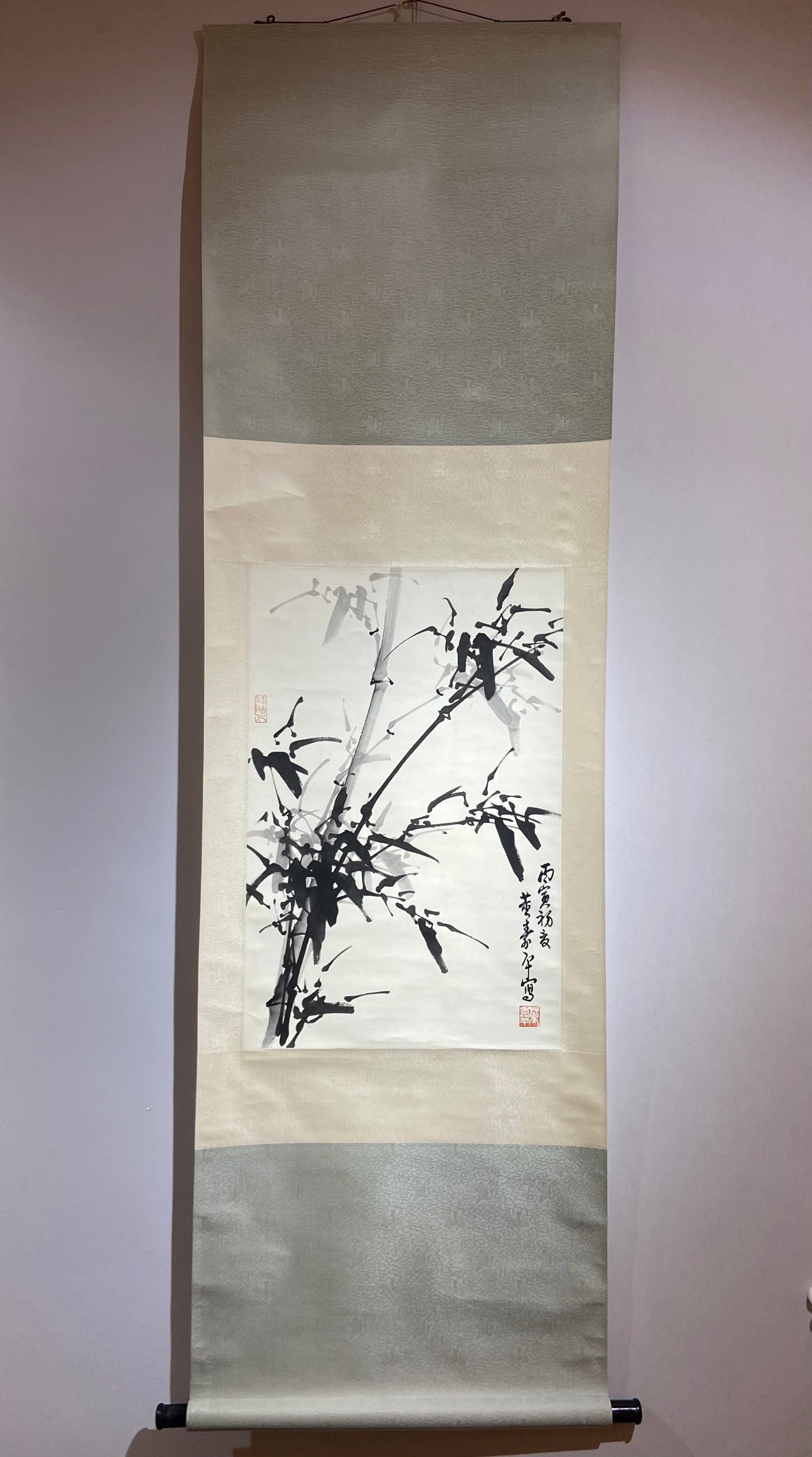 A Chinese Vertical Scroll Ink Painting of Bamboo on Paper: A Chinese Vertical Scroll Ink Painting of Bamboo on Paper,Dong Shouping,Size:27.6inx17.7in 一幅中国水墨竹画立轴,董寿平