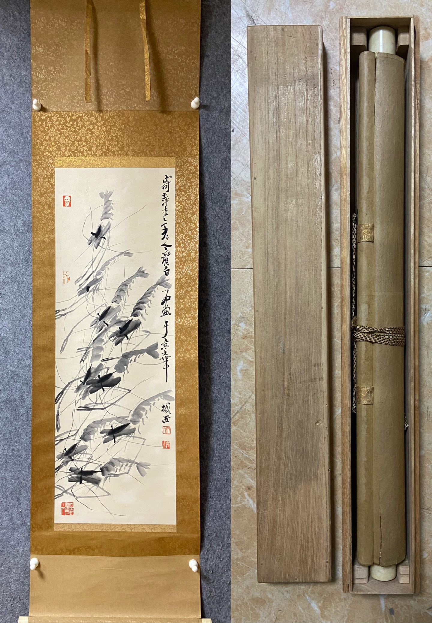 A Chinese Vertical Scroll Ink Painting of Shrimp on Paper: A Chinese Vertical Scroll Ink Painting of Shrimp on Paper,Qi Baishi,Size:41.3inx14.2in 一幅中国水墨虾画立轴,齐白石