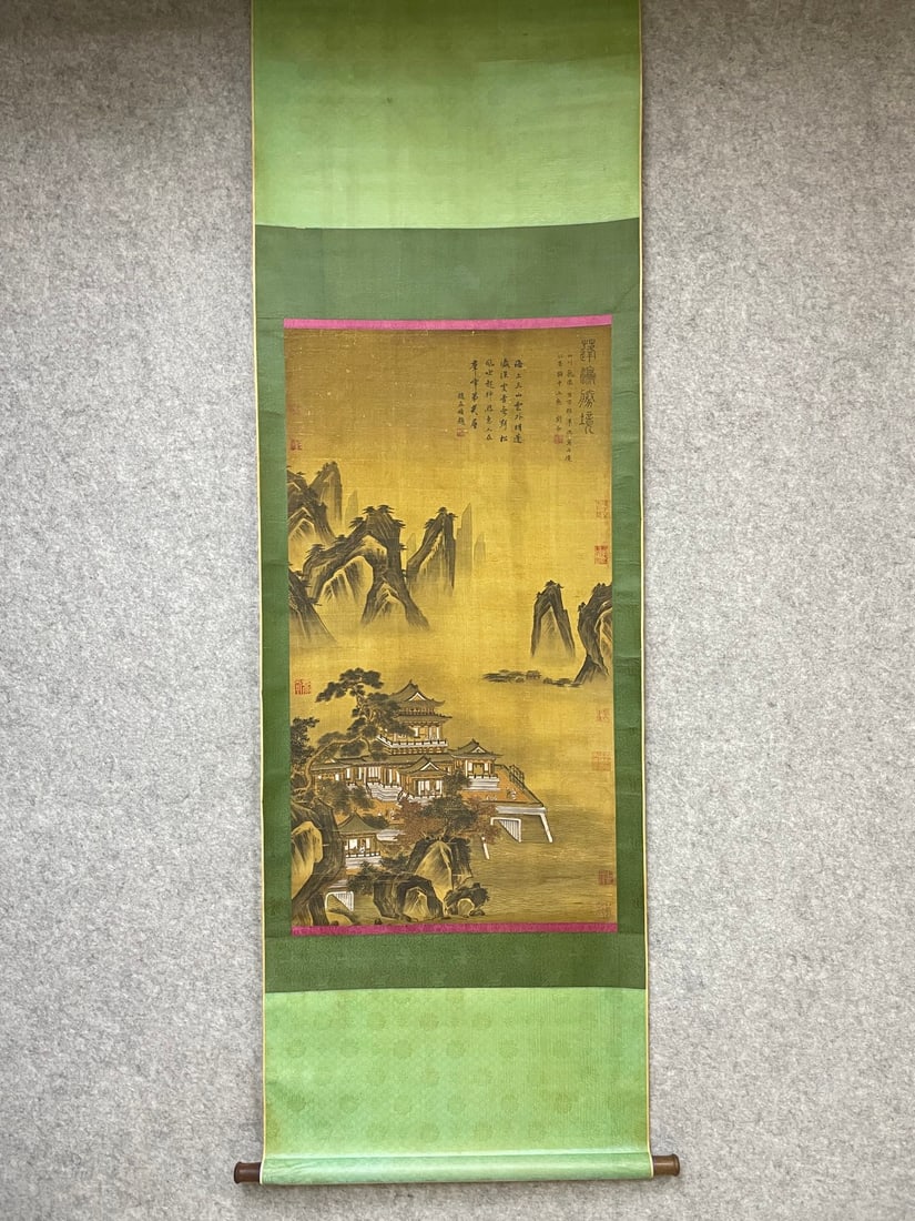 A Chinese Vertical Scroll Ink Painting of Landscape on Silk: A Chinese Vertical Scroll Ink Painting of Landscape on Silk,Guan Tong,Size:21.7inx39.4in 