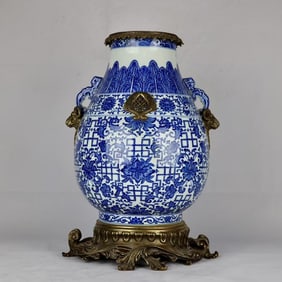 A Huge Blue and White Lotus Pattern Inlaid Bronze Sheep-Ears Vase