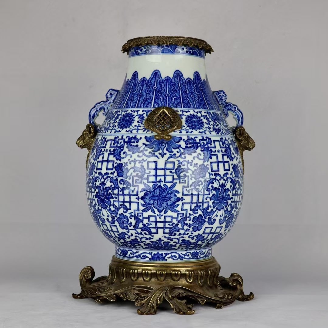 A Huge Blue and White Lotus Pattern Inlaid Bronze Sheep-Ears Vase (1 of 9)