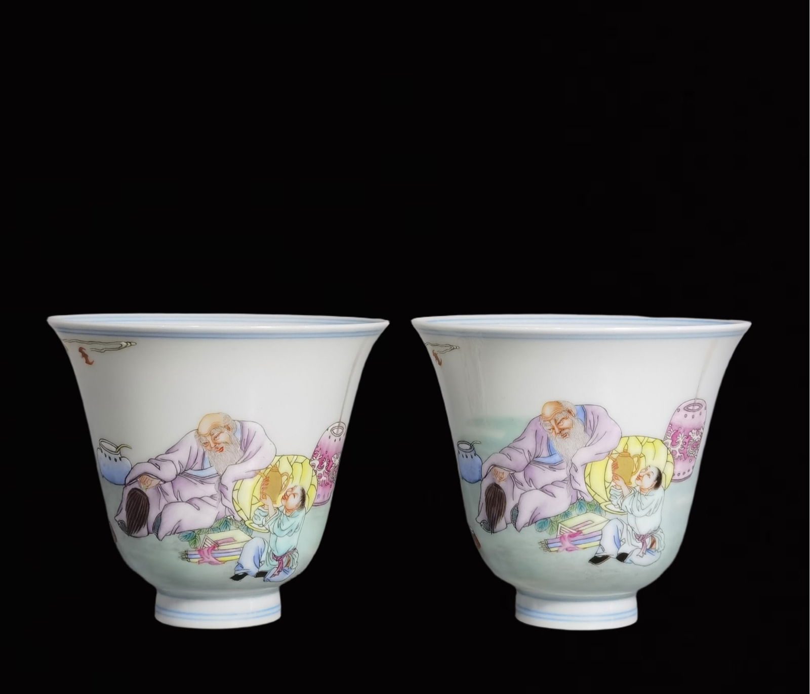 A Pair of Exquisite Famille-Rose Figure and Story Pattern Cups (1 of 9)