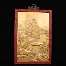 A Huge Carved Red Lacquer Landscape Pattern Hanging Panel