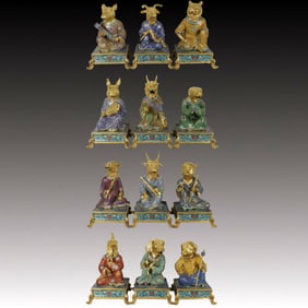 A Set of Huge Cloisonne Lotus Pattern Animal Ornaments,With Base